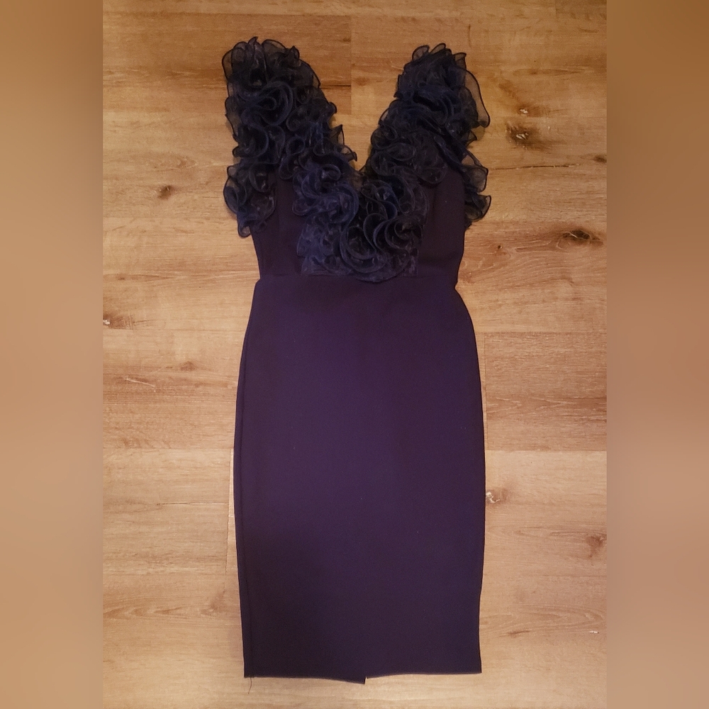 FASHION NOVA Navy blue bodycon deep V ruffled top dress with back zipper SZ S